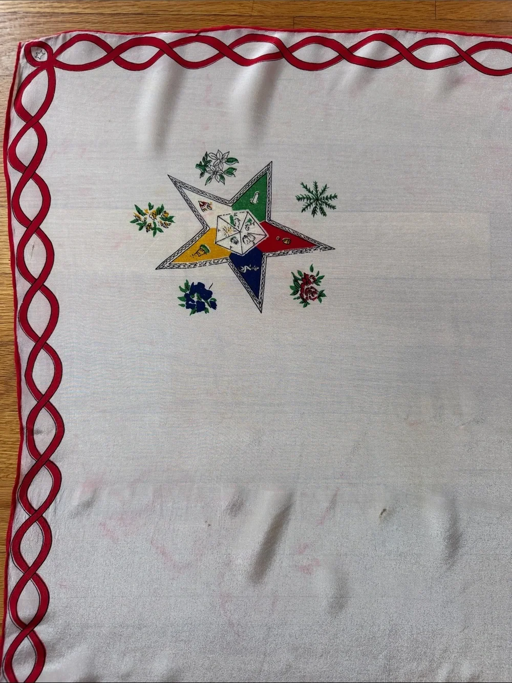 VTG Order of the Eastern Star (OES) Floral Silk Scarf Red Border 1960s – 1970’s